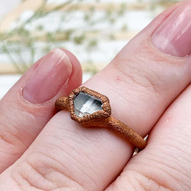 Herkimer Diamond Quartz and Textured Copper Earthy Bohemian Ring Electroformed Jewellery