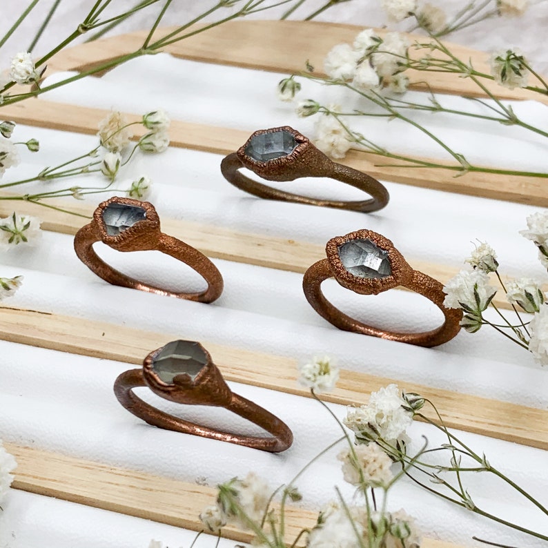 Herkimer Diamond Quartz and Textured Copper Earthy Bohemian Ring Electroformed Jewellery