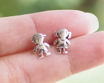 Sterling silver Boy & Girl Earrings, Mismatch earrings, Kid earrings / SK227P