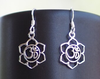 Ohm in Lotus Dangle Earrings, Aum Om Ohm Earrings, Lotus earrings, Yoga Jewelry, gift idea /DA35