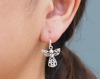Sterling silver Angel Earrings, Guardian angel dangle earrings, Protection Jewelry, Angel Heart earrings, Mom gift / DA33