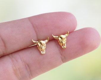 Buffalo Earrings, Gold Bull Earrings, Animal stud earrings, Taurus, Gothic Boho Bohemian / SD256