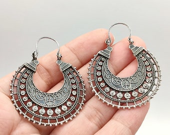 Sterling silver Mandala Hoop Earrings, Boho Earrings, Mandala Earrings, Tibetan Indian Earrings, Boho Ethnic Hippie Gypsy Chic Jewelry /FH59