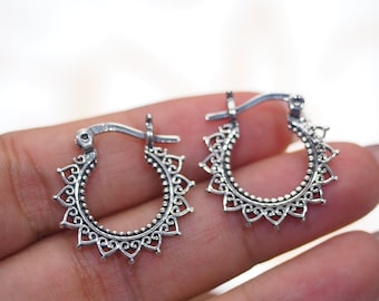 Boho Kingdom heart Hoop Earrings, Sterling silver Mandala Hoop Earrings, Ethnic Tribal Dot earrings, / FH