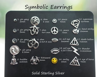 Sterling silver Symbolic Stud Earring Set, Multiple Piercings, Yin yang studs, Ohm Earrings, Yoga Buddha, evil eye, peace, eye of horus