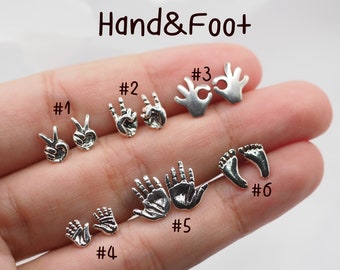 Hand Sign Earrings, Sterling silver V Hand earrings, Hi five hand stud, Foot Feet earrings, OK Hand stud, Body jewelry, Gift idea