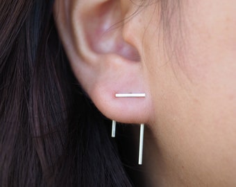 Sterling silver Staple earrings, Bar ear jacket, Line ear jacket, Minimal Jewelry, Double sided earring / JA6