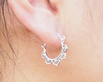 Mandala Lotus Hoop earrings, Silver Dainty hoop earrings, Yoga lover gift, Gypsy Indian Tribal Jewelry / FH27