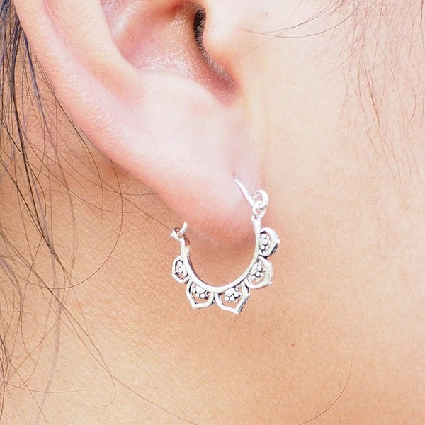 Mandala Lotus Hoop earrings, Silver Dainty hoop earrings, Yoga lover gift, Gypsy Indian Tribal Jewelry / FH27