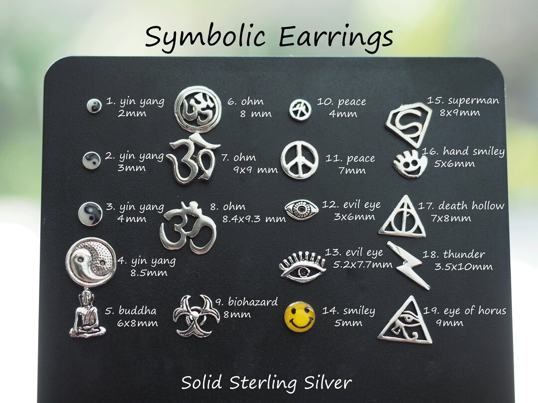 Sterling Silver Symbolic Stud Earring Set, Multiple Piercings, Yin Yang Studs, Ohm Earrings