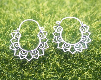 Sterling silver Lotus Hoop Earrings, Mandala Flower Earrings, Tribal Ethnic earrings, Yoga gift, Mom gift, Boho jewelry / FH44