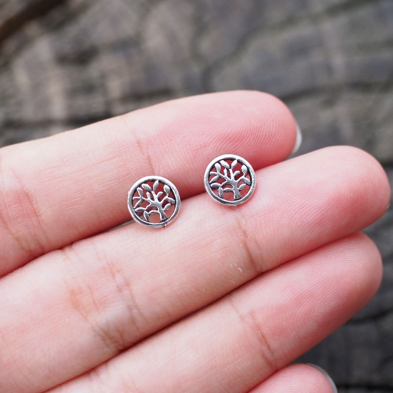 Birthday gift SK119 Minimalist earrings 7 mm Tiny Tree of Life Earrings Tree in Circle earrings Family tree stud
