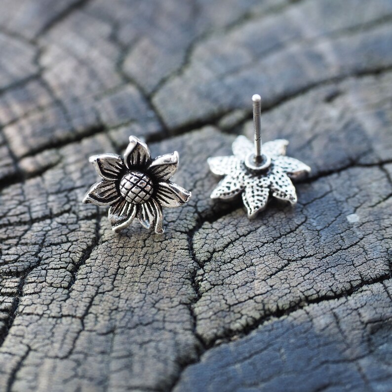 Vintage Sunflower Stud Earrings Sterling Silver Flower Etsy