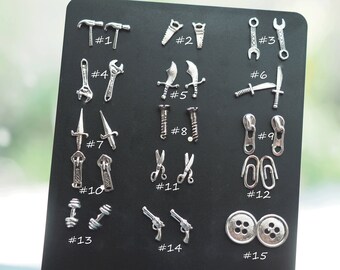 A Pair of Tools stud Earrings, Hammer, Saw, Screw, Wrench, Paper Clip Studs, Sword, Knife, Paper clip, Dumbbell, Gun, Button