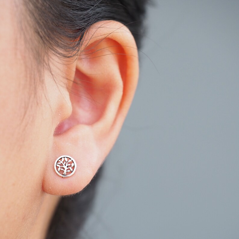 Birthday gift SK119 Minimalist earrings 7 mm Tiny Tree of Life Earrings Tree in Circle earrings Family tree stud
