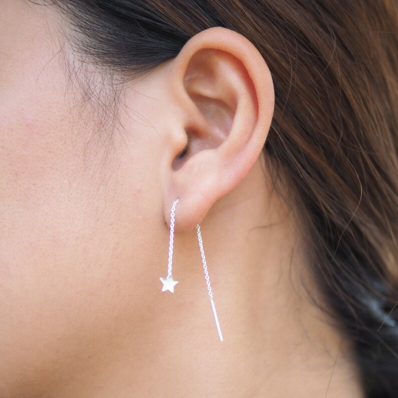 Moon Star Threader Earrings Chain Earrings Minimalist Earrings Etsy