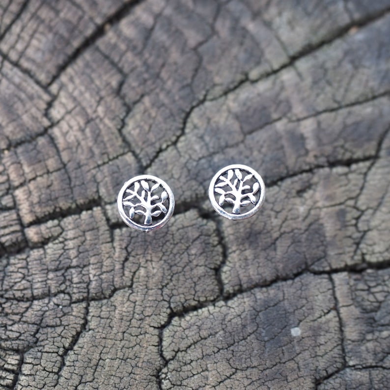 Birthday gift SK119 Minimalist earrings 7 mm Tiny Tree of Life Earrings Tree in Circle earrings Family tree stud