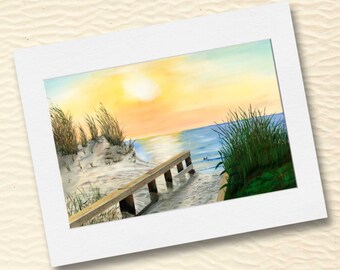 May include: A watercolor painting of a wooden walkway leading to a beach at sunset. The sun is setting over the ocean, casting a warm glow on the sand and water. There are tall grasses on either side of the walkway.
