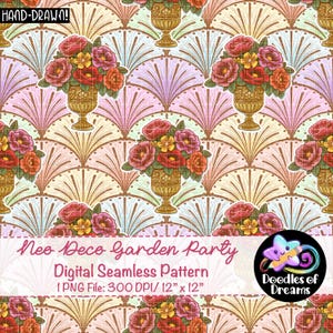 May include: A digital seamless pattern featuring a repeating design of floral arrangements in ornate vases, set against a fan-shaped background in pastel colors. The text "Neo Deco Garden Party" and "Digital Seamless Pattern" are included.