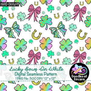 May include: A white background is covered with a repeating pattern of bows, shamrocks, and horseshoes. The bows are pink and green, the shamrocks are green and rainbow-colored, and the horseshoes are gold. The text "Lucky Bows On White" is displayed.