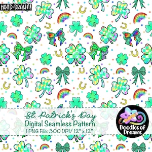 May include: A digital seamless pattern featuring St. Patrick's Day elements. The design includes green shamrocks, bows, rainbows, and horseshoes on a white background. The text "St. Patrick's Day Digital Seamless Pattern" is also present.
