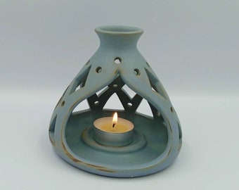 Greek Ceramics - Handmade Ceramic Tealight Lantern: Light Blue Candle Holder