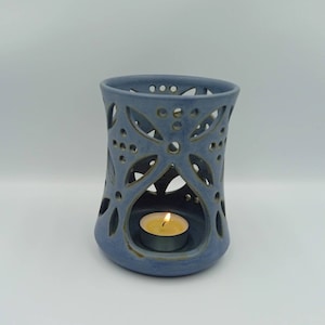 Handmade Ceramic Tealight Lantern: Blue Earthenware Candle Holder