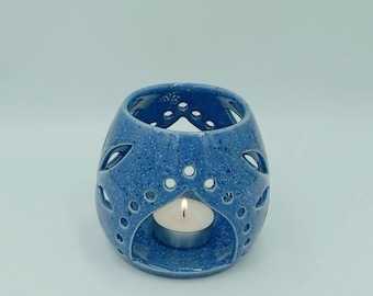 Greek Ceramics - Handmade Ceramic Tealight Holder: Terracotta Candle Lantern - Speckled Blue