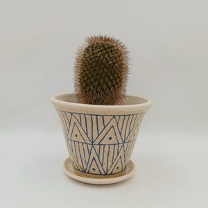 Può includere: Un vaso di ceramica bianco con un motivo geometrico blu e una piccola pianta di cactus all'interno. Il vaso ha un sottovaso abbinato.
