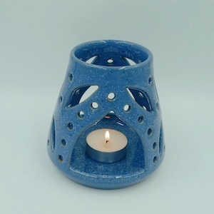 Handmade Speckled Blue Ceramic Tealight Candle Holder Lantern