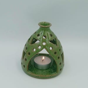Handmade Ceramic Tealight Lantern: Speckled Green Candle Holder