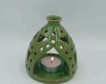 Greek Ceramics - Handmade Ceramic Tealight Lantern: Speckled Green Candle Holder