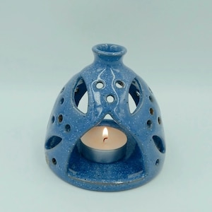 Handmade Speckled Blue Ceramic Tealight Candle Holder Lantern