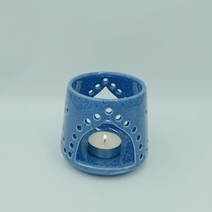 Handmade Ceramic Tealight Holder: Blue Glazed Candle Lantern