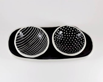 Unique Handmade Ceramic Black and White Bowls - 3 Pieces Snack Bowl Set - 2 Bowls and Dish Finger Food Set