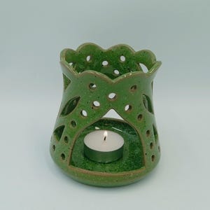 Handmade Speckled Green Ceramic Tealight Candle Holder Lantern