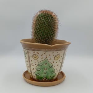 May include: A small cactus plant in a brown ceramic pot with a green, yellow and brown design. The pot has a matching saucer.