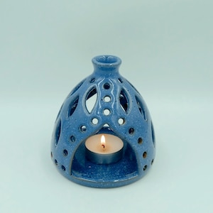Handmade Ceramic Tealight Lantern: Speckled Blue Candle Holder