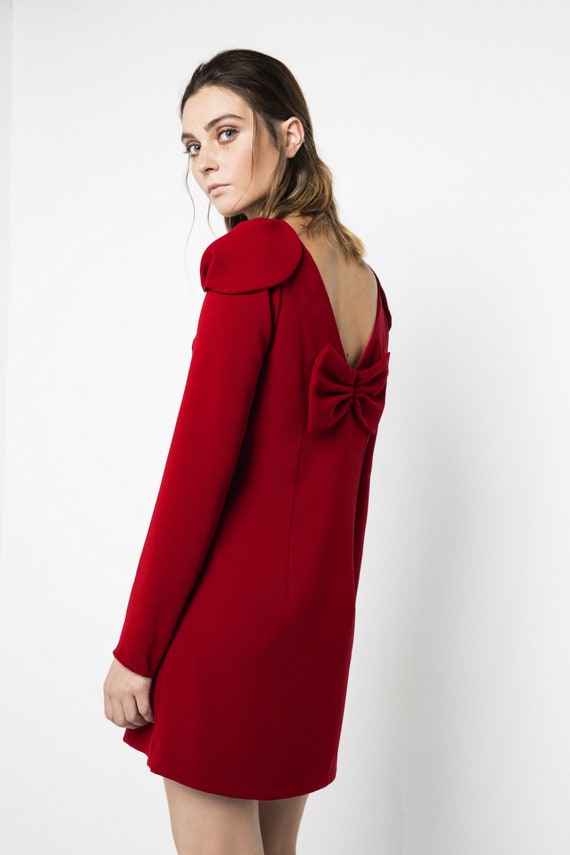Short Red Dress Red Dress Long Sleeves Dress Shoulder Pads Etsy