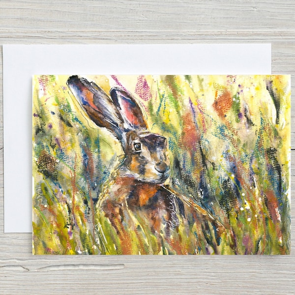 HARE CARD-Hare birthday card-blank hare greetings card-Easter birthday card-summer birthday card-Nana Birthday card-Naomi Neale Art-
