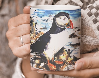 PUFFIN MUG-seaside cup-wildlife mug-coastal mug- nautical Art Mug-Birthday gift Mum Dad-gift him-Christmas Nanna -Animal lover-Naomi Neale