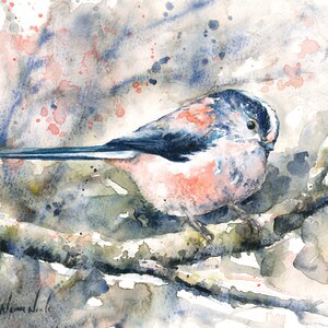 May include: Watercolor painting of a small, pink and blue bird perched on a branch. The background is a soft, abstract wash of blue and pink.
