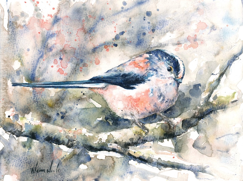 May include: Watercolor painting of a small, pink and blue bird perched on a branch. The background is a soft, abstract wash of blue and pink.