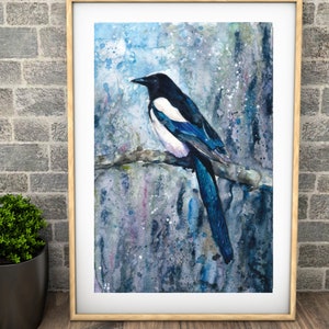 Magpie painting, Original Watercolour print Naomi Neale art 12x8 or 16x12in Gothic painting dark academia decor Magpie print