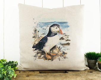 PUFFIN CUSHION cover-Coastal throw pillow-bird cushion-seaside-gift for mum-summer conservatory-linen style cushion-beach scatter 40x40cm-