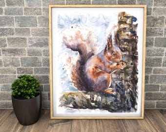 RED SQUIRREL PAINTING-Watercolour print-Naomi Neale art-gift for her-Christmas present for him-British wildlife-Large wall art