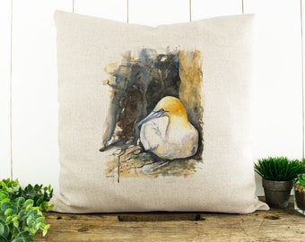 GANNET CUSHION cover-Coastal throw pillow-bird cushion-seaside-gift for mum-summer conservatory-linen style cushion-beach scatter 40x40cm