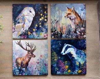 Handmade woodland animal Coasters set-cottagecore woodland coaster-Secret santa-Gift for Mum-fox stag owl badger-Naomi Neale Art
