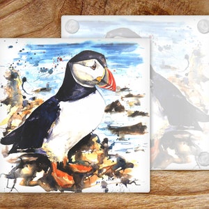 May include: A watercolor painting of a puffin on a rock with blue water in the background. The puffin is white with a black head and beak, and orange feet.