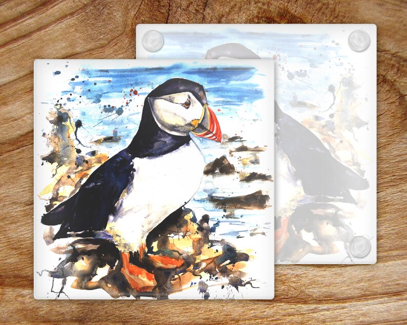 May include: A watercolor painting of a puffin on a rock with blue water in the background. The puffin is white with a black head and beak, and orange feet.